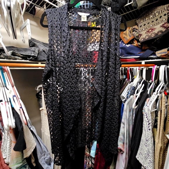 Allison Daley Jackets & Blazers - Allison Daley Black Mesh/Lace Open Front Cardigan Petite Medium
